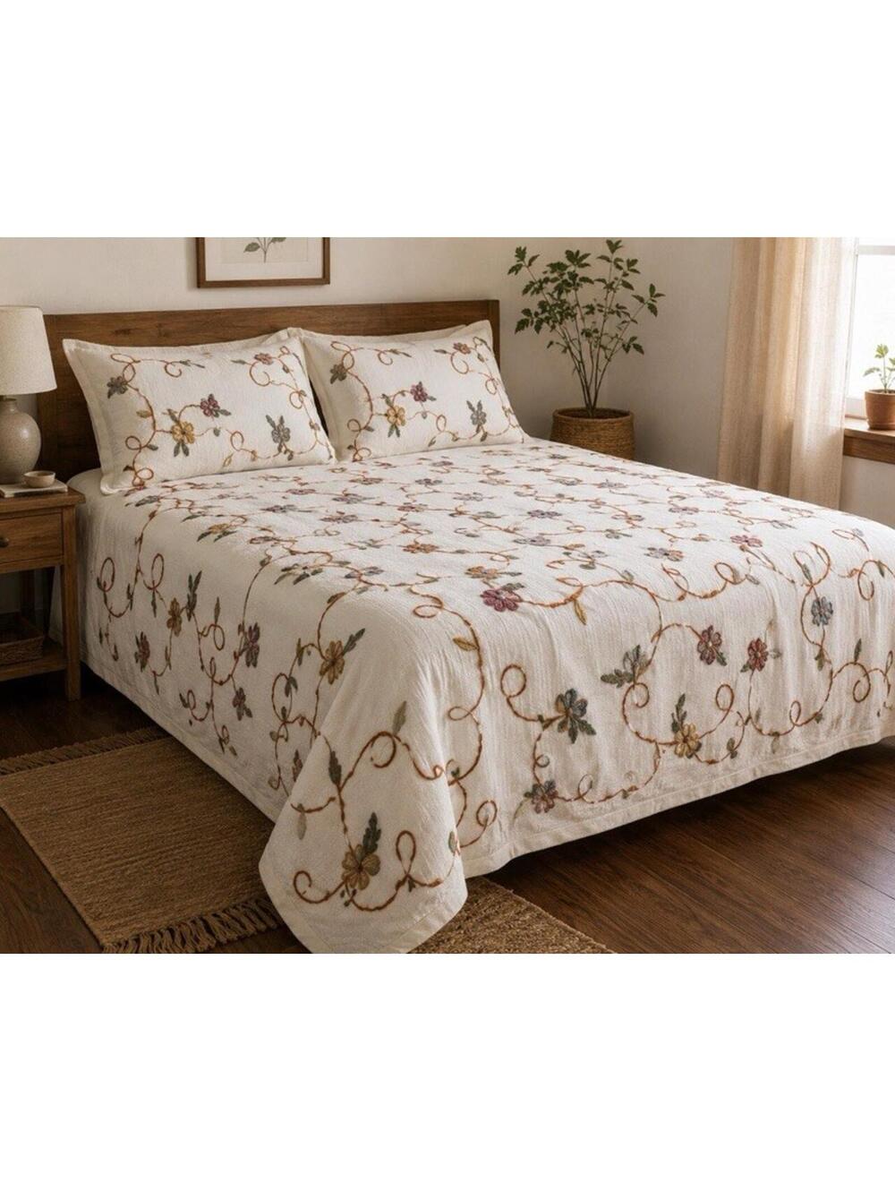 VINTAGE SPIEGAL Crewel Embroidery Bedspread 3 Piece Set 72x80  Made in India